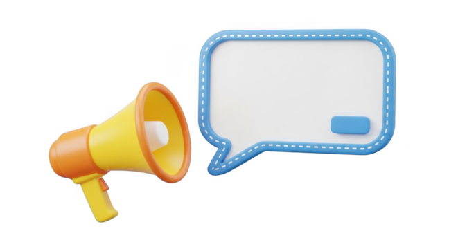 Bright yellow megaphone with white speech bubble for announcements and messages