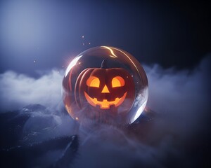 Mystical glowing pumpkin inside a crystal ball surrounded by mist — a magical Halloween concept perfect for fantasy art, posters, or digital wallpapers.
