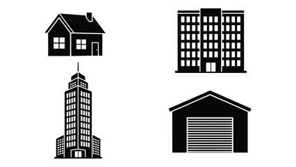Fototapeta premium Collection of four diverse building icons including house office and garage designs silhouette