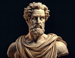 Bust of an Ancient Greek Philosopher with Wavy Hair and Beard in Golden Hues, Set Against a Dark Background.