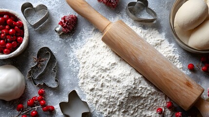 Flat lay of holiday baking ingredients flour rolling pin