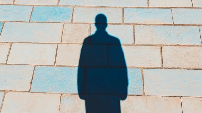Shadow of a person on a patterned stone pavement in bright daylight capturing a moment of solitude