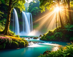 Lush waterfall cascading through a vibrant jungle