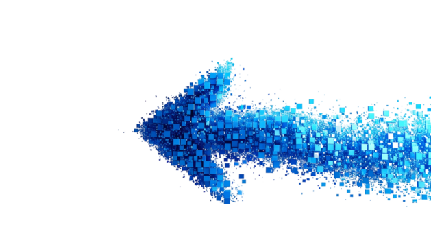 A blue arrow made of cubes points leftward against a black background, suggesting movement