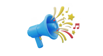 Bright blue megaphone announces exciting news with colorful exploding stars and musical notes