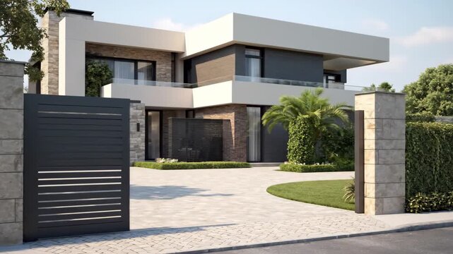 A gray private house of two floors hidden behind a fence with automatic sliding brown gates