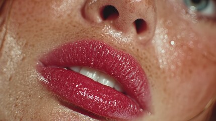 Close-up of glossy lips with a vibrant sheen.