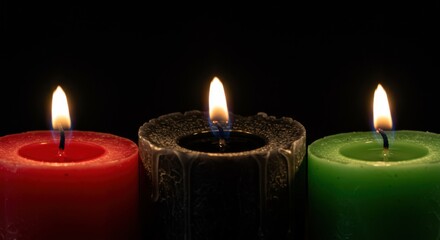 Kwanzaa celebration with red, black, and green candles lit against dark background