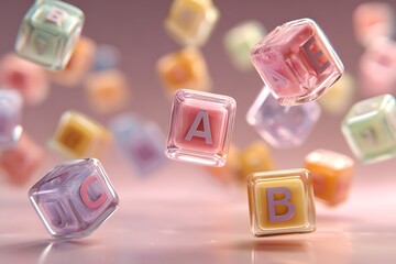 Vibrant crystal blocks with ABC letters, perfect for playful learning designs, colorful education projects, and modern alphabet themes, ideal for kids and creative campaigns