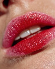 Close-up of glossy red lips with shine.