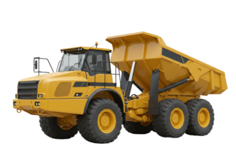 Yellow articulated dump truck PNG isolated on transparent background, heavy construction vehicle for mining and earthmoving projects