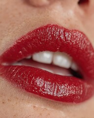 Close-up of glossy red lips with white teeth.
