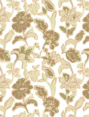 Seamless floral pattern, abstract flower ornament, nature print in classic style. Elegant botanical design of hand drawn purple flowers, leaves, small bouquets on white. Vector illustration.