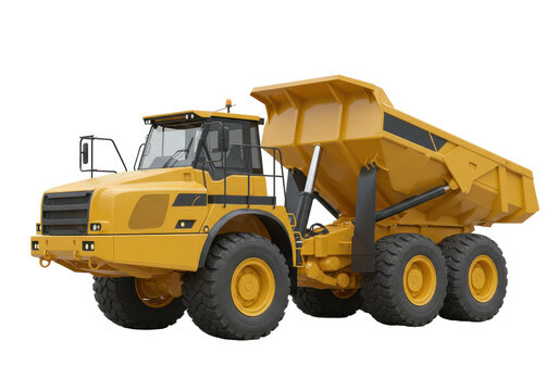 Yellow articulated dump truck PNG isolated on transparent background, heavy construction vehicle for mining and earthmoving projects