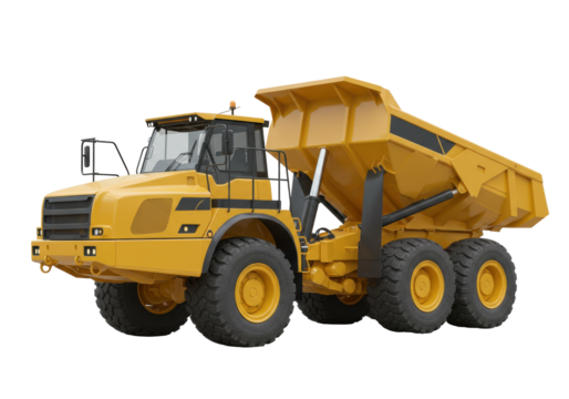 Yellow articulated dump truck PNG isolated on transparent background, heavy construction vehicle for mining and earthmoving projects