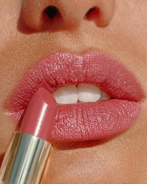 Close-up of lips applying soft pink lipstick.