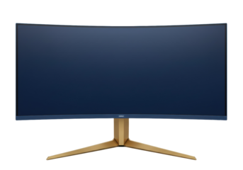 Curved gaming monitor isolated on white, modern display with golden stand for immersive visual experience and professional setup