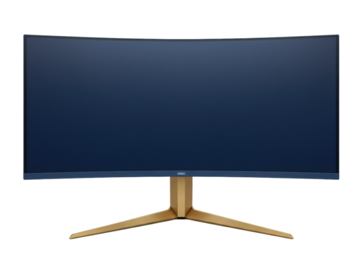 Curved gaming monitor isolated on white, modern display with golden stand for immersive visual experience and professional setup