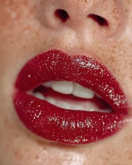 Close-up of vibrant, glossy red lips.
