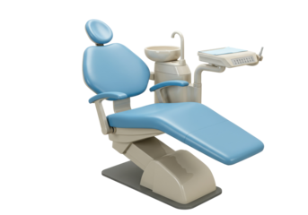 Light blue dental chair isolated PNG, modern dentist equipment for examination and treatment on transparent background