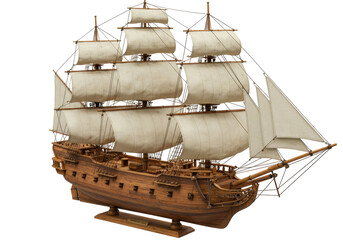 Detailed wooden galleon ship model isolated PNG, vintage sailing vessel with sails on transparent background, nautical decor and maritime history © PICSPRO
