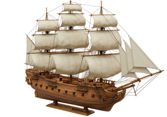 Detailed wooden galleon ship model isolated PNG, vintage sailing vessel with sails on transparent background, nautical decor and maritime history