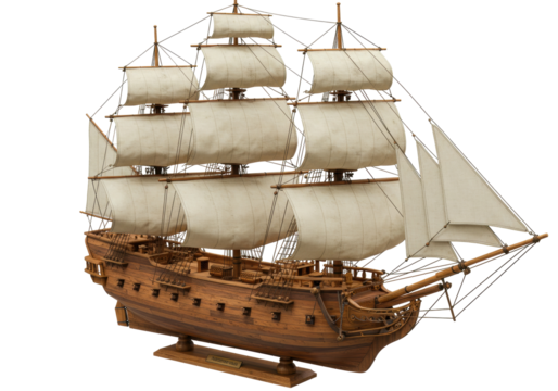 Detailed wooden galleon ship model isolated PNG, vintage sailing vessel with sails on transparent background, nautical decor and maritime history