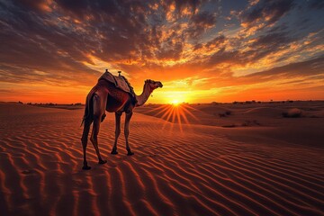 Lone camel in the golden desert, beautiful sunset