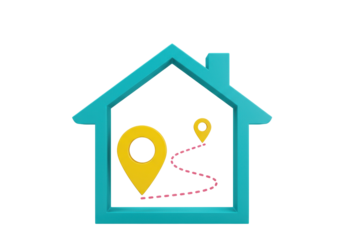 Turquoise house with yellow location pin and dotted path isolated PNG, real estate concept for finding a home and moving