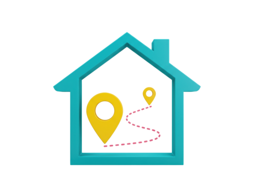 Turquoise house with yellow location pin and dotted path isolated PNG, real estate concept for finding a home and moving
