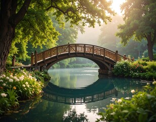 Serene wooden bridge over calm water, lush greenery