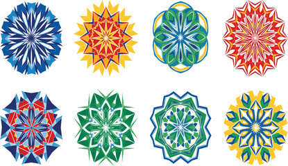 Set of Vibrant Abstract Mandala Vector Designs, Colorful Geometric Kaleidoscope Patterns, Modern Decorative Graphic Elements.