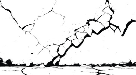 Isolated High-Contrast Crack Texture. Chaotic Black Crack on Minimalist White Background