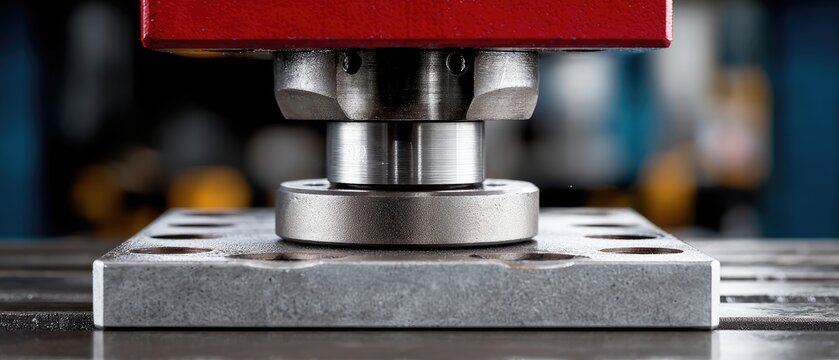 A close-up view of a metal pressing machine, showcasing its precision mechanics and shiny metallic components.