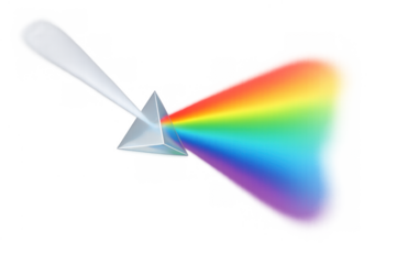 Light stream refracting into a vibrant rainbow spectrum through a glass prism, illustrating optical physics and dispersion concept