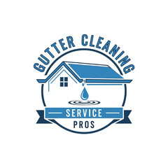 Gutter cleaning service logo, featuring house with blue roof and water droplet falling into puddle, surrounded by circular frame with text gutter cleaning service pros