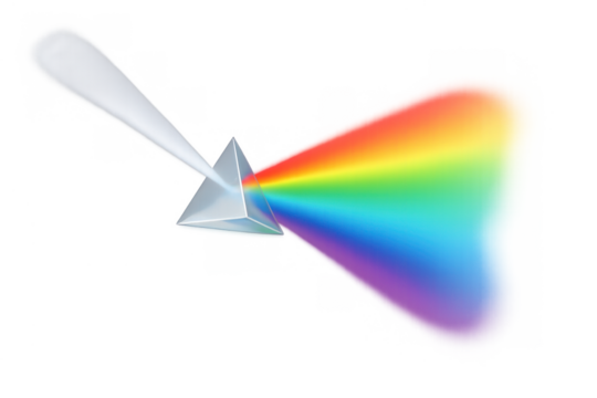 Light stream refracting into a vibrant rainbow spectrum through a glass prism, illustrating optical physics and dispersion concept