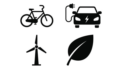 Set of eco friendly transportation and energy icons bicycle electric car wind turbine leaf silhouette