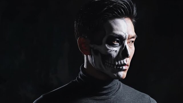Male adult with half-face skull makeup and serious expression, looking directly at the viewer in a dark, dramatic setting, creative and stylized Halloween or Day of the Dead costume portrait