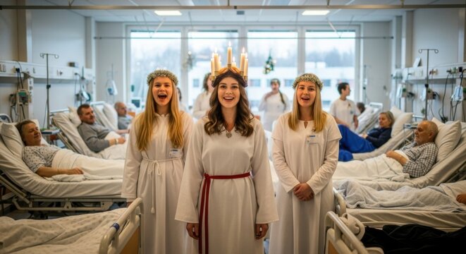 Lucia day hospital celebration with saint lucia procession in traditional white gowns and candle crowns