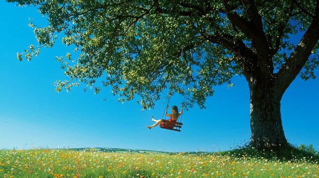 Swing and Shade: A person on a swing enjoys the tranquility of a sunny day beneath the protective shade of a majestic tree. Capturing the feeling of childhood bliss and the beauty of nature.