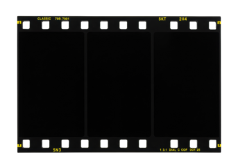 Black and yellow film strip isolated PNG on transparent background, vintage photographic film roll for retro photo effects and design