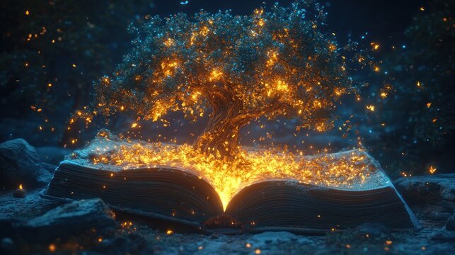 Magical tree of light bursts from open book