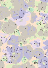 Seamless floral pattern, abstract flower ornament, nature print in classic style. Elegant botanical design of hand drawn purple flowers, leaves, small bouquets on white. Vector illustration.