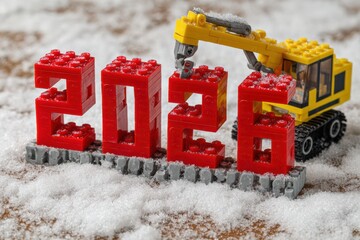 Naklejka premium A yellow lego excavator lifts a red block while building a large 2026 sign in a snowy environment, showcasing creativity and fun during winter.