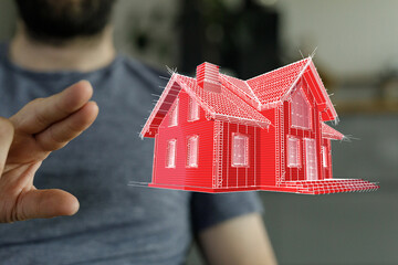 An abstract concept of a person holding a digital architectural house outline, representing home ownership, real estate, and future building ide