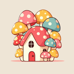 Cute mushroom house cartoon illustration
