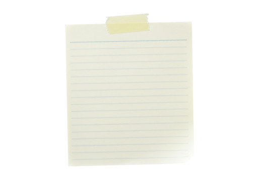 Lined paper note with tape isolated PNG, blank sheet for messages and reminders on transparent background