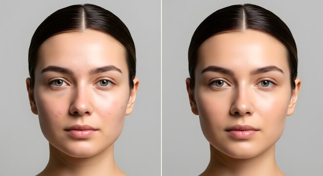 Comparison of a woman's face before and after makeup on a gray background in a studio setting