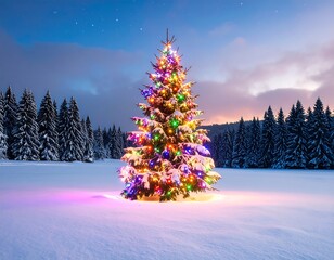 A Christmas tree, brightly lit with colorful lights, stands in a snowy landscape at twilight